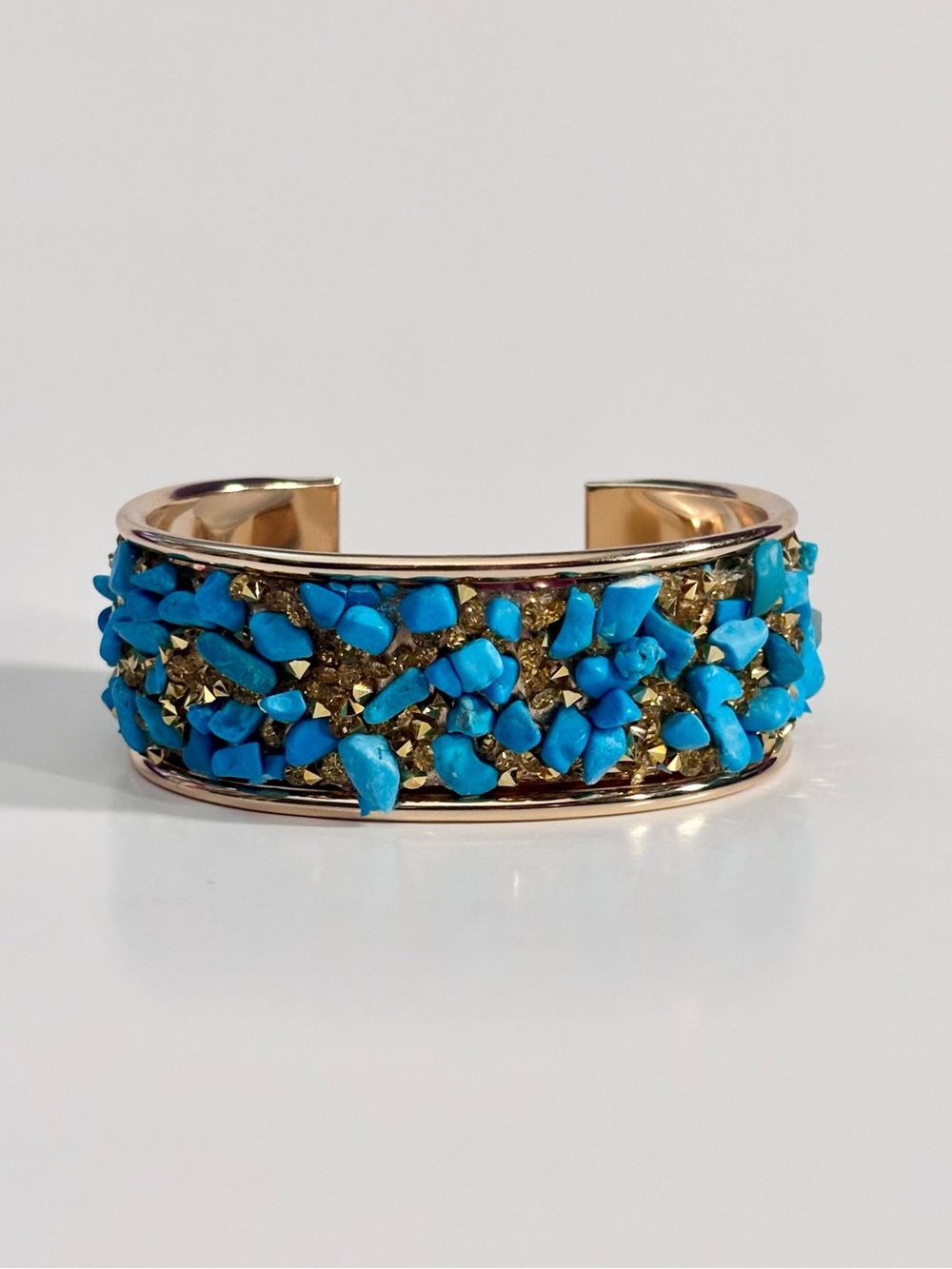 Hand Crafted Gold Cuff Bracelet with Turquoise Blue Chips